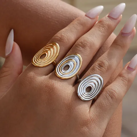 Modern Geometric Spiral Oval Concentric Wave Open Ring For Women 304 Stainless Steel PVD Gold Silver Plated Jewelry Gift