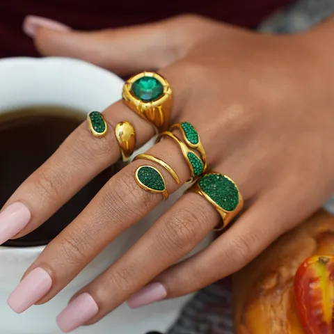 304 Stainless Steel Gold Plated Open Ring For Women Vintage Green Zirconia Pave Geometric Adjustable Hollow Finger Ring Party Jewelry