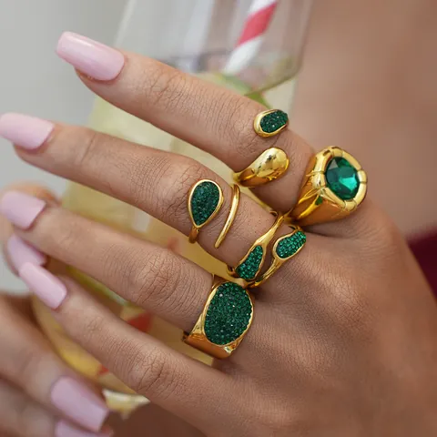 304 Stainless Steel Gold Plated Open Ring For Women Vintage Green Zirconia Pave Geometric Adjustable Hollow Finger Ring Party Jewelry