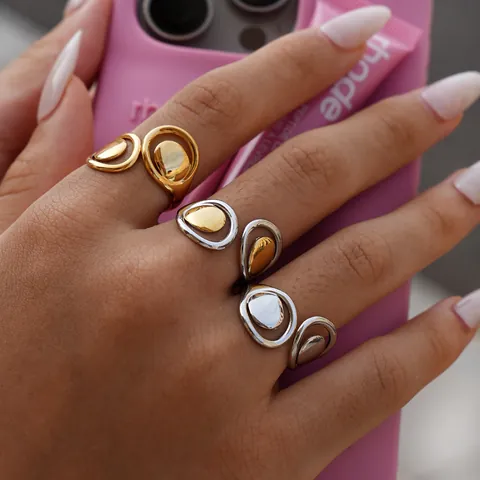Minimalistischer 304 Edelstahl Geometrisch Hohl Offener Ring Für Damen PVD Vergoldet Verstellbar Tropfenform Modeschmuck