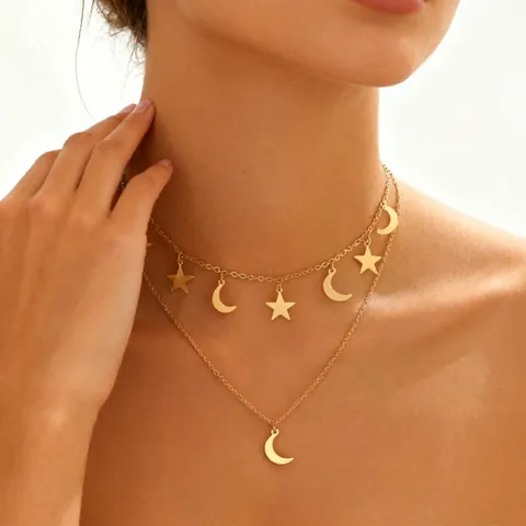 Trendy 304 Stainless Steel Layered Star And Moon Pendant Necklace Gold PVD Plated Minimalist Bohemian Jewelry For Women