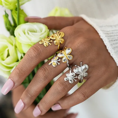 304 Stainless Steel Butterfly Open Ring For Women PVD Gold Plated Polished Adjustable Two Tone Fashion Finger Jewelry Gift
