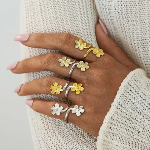 Minimalist 304 Stainless Steel Double Flower Wrap Open Ring Gold Silver PVD Plated Brushed Botanical Floral Adjustable Finger Ring For Women Jewelry