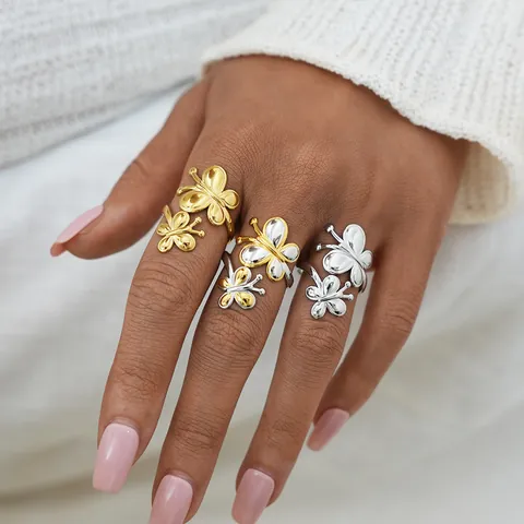 304 Stainless Steel Butterfly Open Ring For Women PVD Gold Plated Polished Adjustable Two Tone Fashion Finger Jewelry Gift