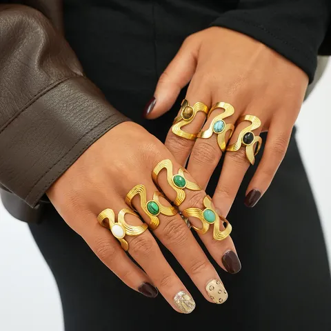Stainless Steel Open Ring For Women PVD Gold Plated Geometric Wave Line Geometric Inlaid Multi Color Stone Vintage Boho Ring Jewelry