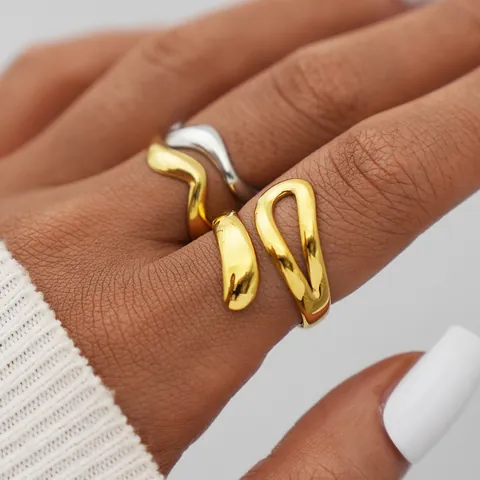 Women's 304 Stainless Steel Open Ring Minimalist Wavy Line Geometric Design PVD Gold Plated Adjustable Finger Jewelry Gift
