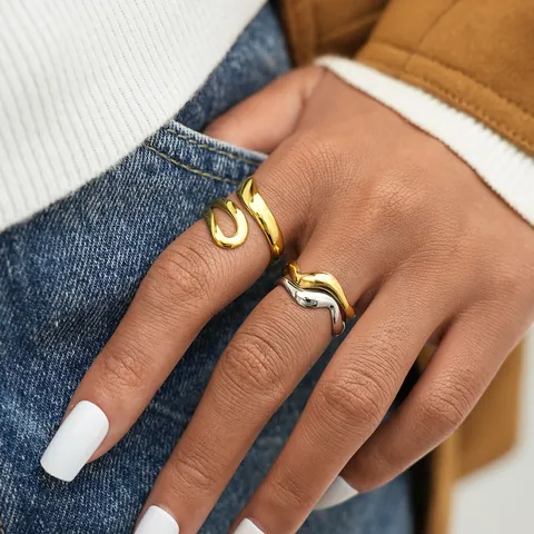 Women's 304 Stainless Steel Open Ring Minimalist Wavy Line Geometric Design PVD Gold Plated Adjustable Finger Jewelry Gift