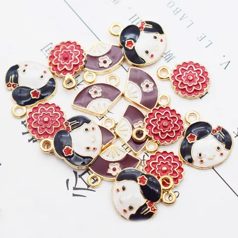 Japanese Style Enamel Zinc Alloy Charms Pendants DIY Jewelry Making Accessories Motifs Doll Fan Flower For Women Bracelet