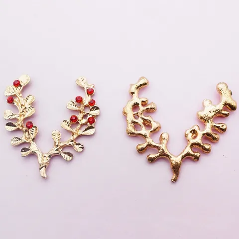 Gold Alloy Tree Branch Leaf Charm With Red White Rhinestone DIY Bridal Hair Accessory Clothing Decoration Jewelry Finding