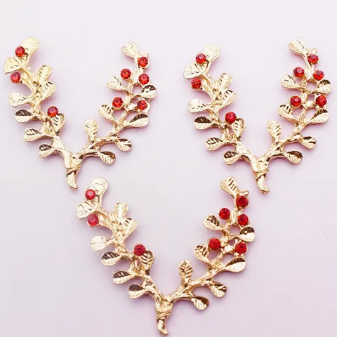 Gold Alloy Tree Branch Leaf Charm With Red White Rhinestone DIY Bridal Hair Accessory Clothing Decoration Jewelry Finding