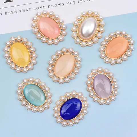 Vintage Oval Artificial Pearl Rhinestone Flower Tray Cat Eye Stone Alloy Button For DIY Handcrafted Wedding Headwear Fan Material Jewelry Findings
