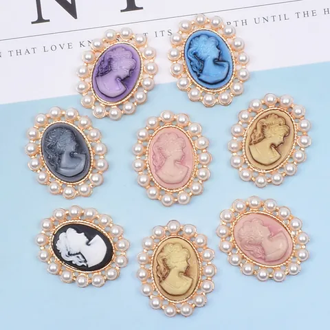 Vintage Oval Alloy Cameo Charms With Artificial Pearl Border For DIY Jewelry Making Victorian Portrait Lady Pendants For Headwear