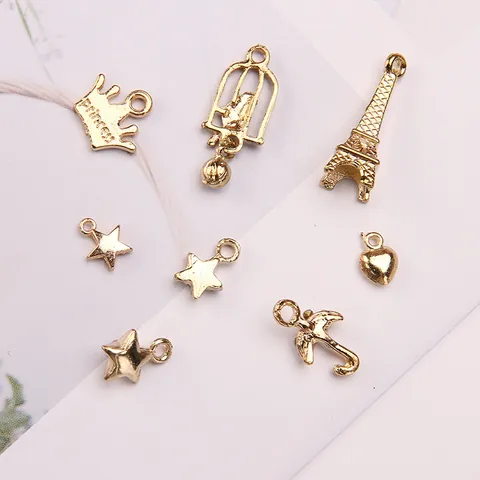 Gold Alloy Rhinestone Charms Eiffel Tower Star Heart Crown Birdcage Umbrella Pendants For DIY Jewelry Making Accessories