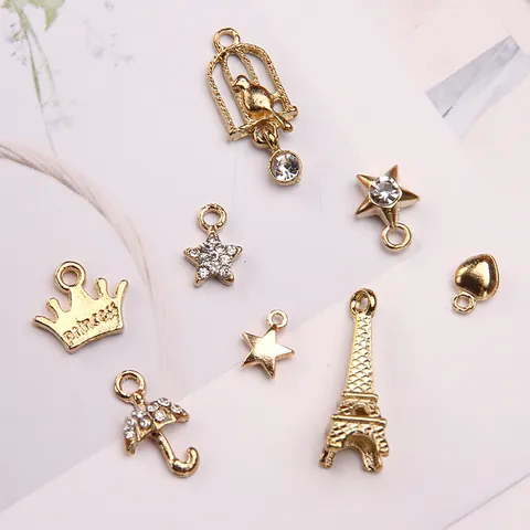 Gold Alloy Rhinestone Charms Eiffel Tower Star Heart Crown Birdcage Umbrella Pendants For DIY Jewelry Making Accessories