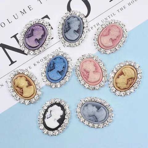 Vintage Oval Cameo Portrait Alloy Pendant DIY Jewelry Making Accessories Rhinestone Border Cameo Button For Hairpins Brooches Headwear Women