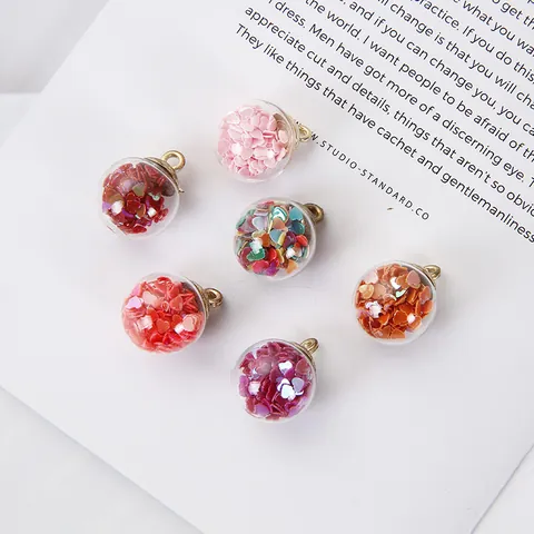 Heart Sequin Filled Glass Ball Pendant For DIY Earrings Jewelry Making Alloy Metal Loop Cap Colorful Hanging Decoration