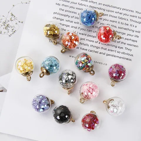 Heart Sequin Filled Glass Ball Pendant For DIY Earrings Jewelry Making Alloy Metal Loop Cap Colorful Hanging Decoration