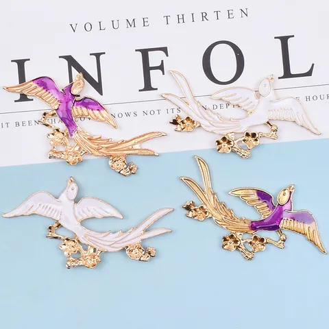 Vintage Enamel Bird Swallow Charms Gold Alloy Flower Pendants For DIY Bridal Wedding Hair Jewelry Accessories Crafting Material
