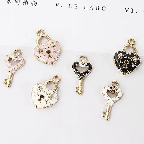 Alloy Enamel Heart Lock and Key DIY Jewelry Charms Rhinestone Flower Pendants for Necklace Bracelet Making Accessories