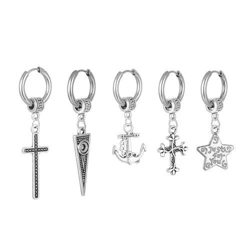 Pendientes de Aro de Acero Inoxidable Con Colgante de Cruz Estrella Ancla Triángulo Para Hombre Mujer Punk Hip Hop Joyería Retro