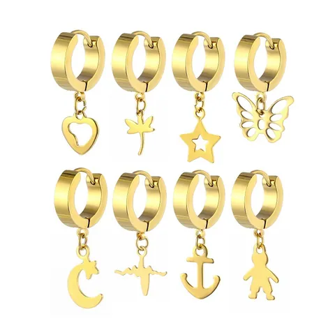 Stainless Steel Hoop Earrings With Butterfly Heart Star Moon Dragonfly Anchor EKG Pendant Gold Plated Surgical Steel Jewelry