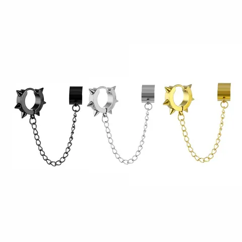 Punk Stainless Steel Spike Huggie Hoop Earring With Chain Ear Cuff Set Hip Hop Gothic Surgical Steel Jewelry For Unisex