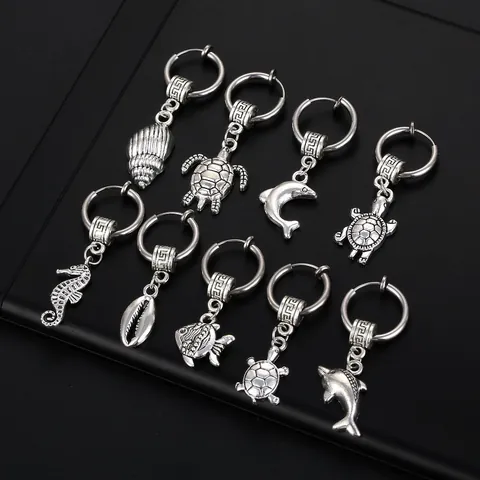 Vintage Stainless Steel Hoop Earrings With Ocean Sea Animal Pendant Conch Turtle Dolphin Seahorse Fish Shell Punk Jewelry