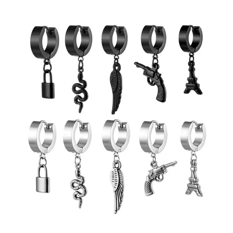 Punk Stainless Steel Huggie Hoop Earrings For Men Women Pendant Earrings With Lock Snake Feather Eiffel Tower Charms Jewelry