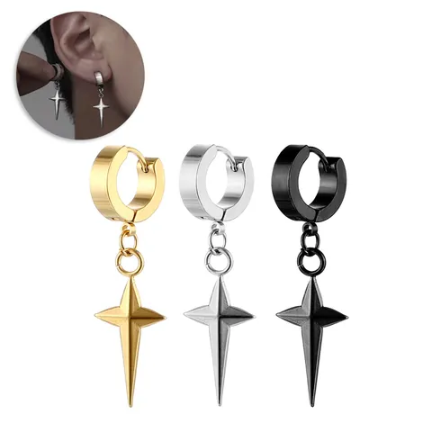 Stainless Steel Four Pointed Star Pendant Hoop Earrings Unisex Punk Minimalist Geometric Huggie Drop Earrings Jewelry Gift