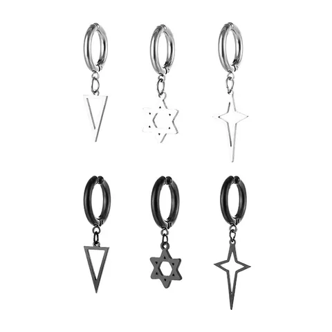 316L Stainless Steel Hoop Earrings With Hexagram Star Triangle Pendant Punk Unisex Neutral Jewelry For Men Women Daily Accessory