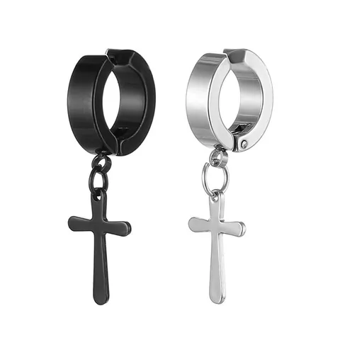 Punk Stainless Steel Cross Pendant Earrings Minimalist Gothic Ear Clips Non Piercing For Men Women Jewelry Black Silver Earrings