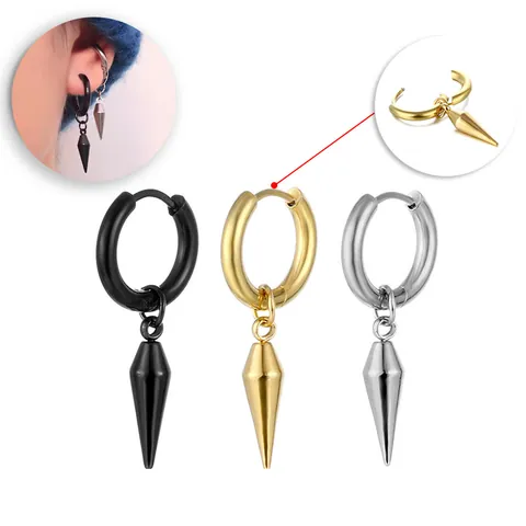 Punk Stainless Steel Spike Hoop Earrings For Men Women Black Gold Silver Plated Cone Dangle Huggie Earrings Gothic Jewelry