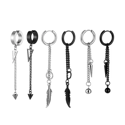 Punk 316L Stainless Steel Tassel Feather Triangle Cone Spike Drop Earrings For Men Women Hip Hop Streetwear Jewelry Accessories