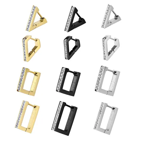 Stainless Steel Geometric Hoop Earrings For Men Women Single Row Zirconia Inlaid Triangle Square Rhombus Ear Clip Hip Hop Jewelry