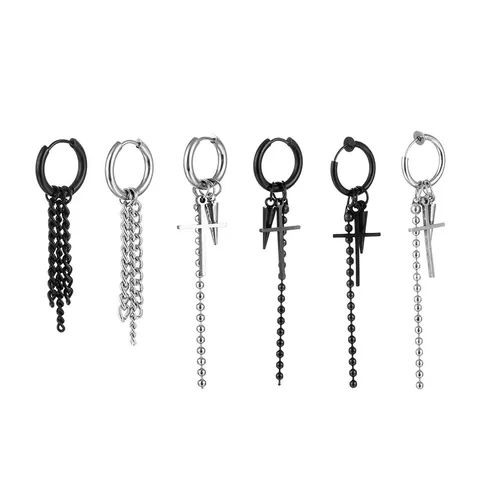Punk Stainless Steel Cross Pendant Hoop Earrings For Men Women Hip Hop Spike Tassel Chain Earring Pierced Clip On Jewelry