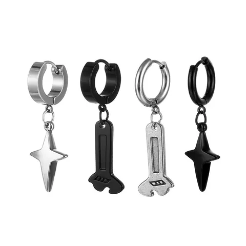 Punk 316L Stainless Steel Hoop Earrings With Four Point Star And Wrench Pendant For Men Women Gothic Jewelry Gift