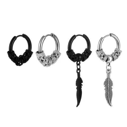 Punk Stainless Steel Skull Feather Hoop Earrings For Men Women Vintage Gothic Hip Hop Jewelry With Dangle Feather Charm