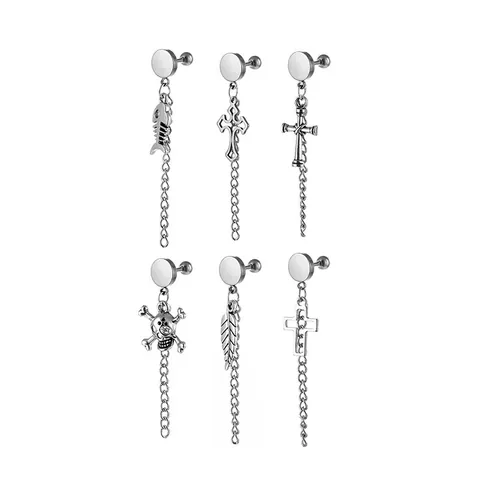 Punk Stainless Steel Tassel Drop Stud Earrings For Men Women Gothic Cross Skull Feather Fishbone Chain Dangle Earrings Hip Hop Streetwear Jewelry