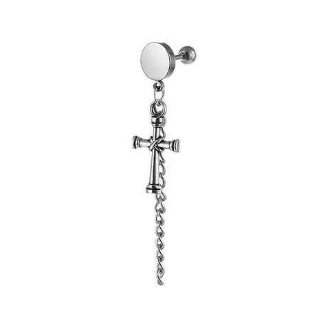 Punk Stainless Steel Tassel Drop Stud Earrings For Men Women Gothic Cross Skull Feather Fishbone Chain Dangle Earrings Hip Hop Streetwear Jewelry