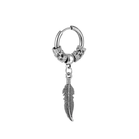 Punk Stainless Steel Skull Feather Hoop Earrings For Men Women Vintage Gothic Hip Hop Jewelry With Dangle Feather Charm
