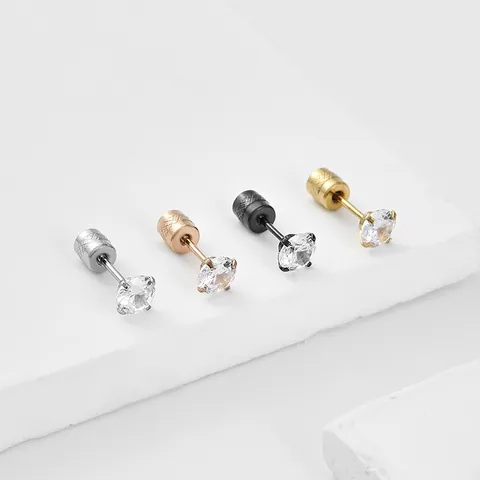 Boucles d'Oreilles Clous en Acier Inoxydable 316L et Zircone Quatre Griffes Ronds Fermoir à Vis Piercing Bijoux de Mode Homme Femme