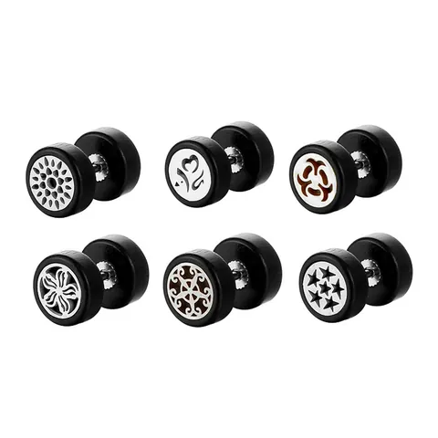 Retro Stainless Steel Wood Round Dumbbell Stud Earrings For Men Women Hollow Floral Star Pattern Punk Gothic Jewelry Black Gold Silver