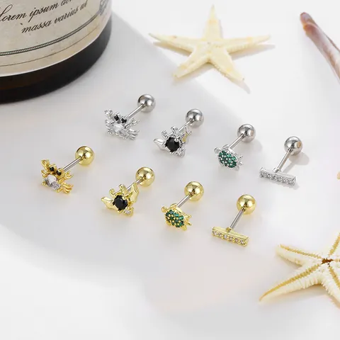 Stainless Steel Zirconia Animal Stud Earrings Exquisite Screw Back Crab Sea Turtle Bat Crown Cartilage Piercing Jewelry For Women