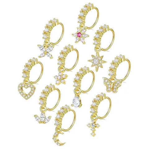 18K Gold Plated Copper Zirconia Nose Ring For Women Butterfly Heart Star Moon Cross Dangle Piercing Jewelry