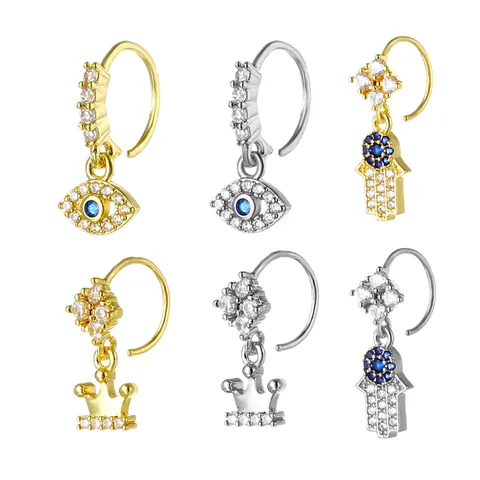 Copper Zirconia Nose Ring Evil Eye Hamsa Hand Crown Nose Stud Piercing Jewelry Electroplated Gold Silver Dangle Nose Pin For Women Men