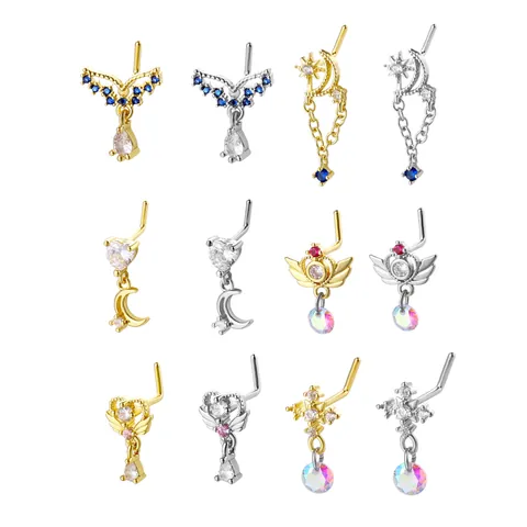 Kupfer Strass L-Förmige Nasenstecker Herz Mond Stern Krone Kreuz Design Tiktok Spicy Girl Körperpiercing Schmuck Für Damen