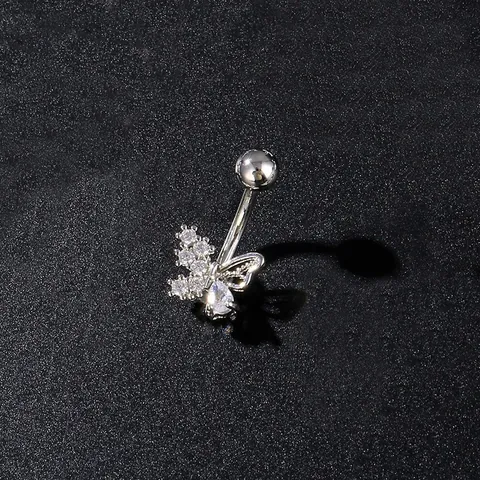 Piercing para el Ombligo Mariposa de Acero Inoxidable Cobre Circón Incrustado Joyería Corporal Plateado Barra Curva para Mujer