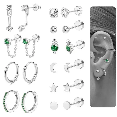 Pendientes De Botón Y Aros De Acero Inoxidable Joyas De Perforación Con Circón Corazón Estrella Luna Rayo Para Mujer