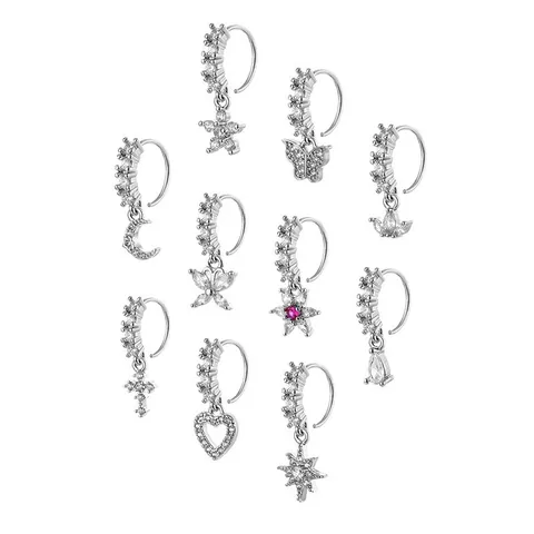 18K Gold Plated Copper Zirconia Nose Ring Hoop With Butterfly Cross Star Moon Heart Dangle Piercing Body Jewelry For Women Men