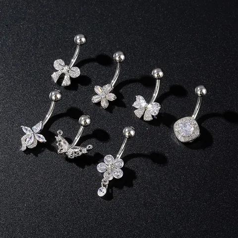 Stainless Steel Copper Zirconia Butterfly Flower Belly Button Rings For Women Sexy Body Piercing Jewelry Silver Belly Ring
